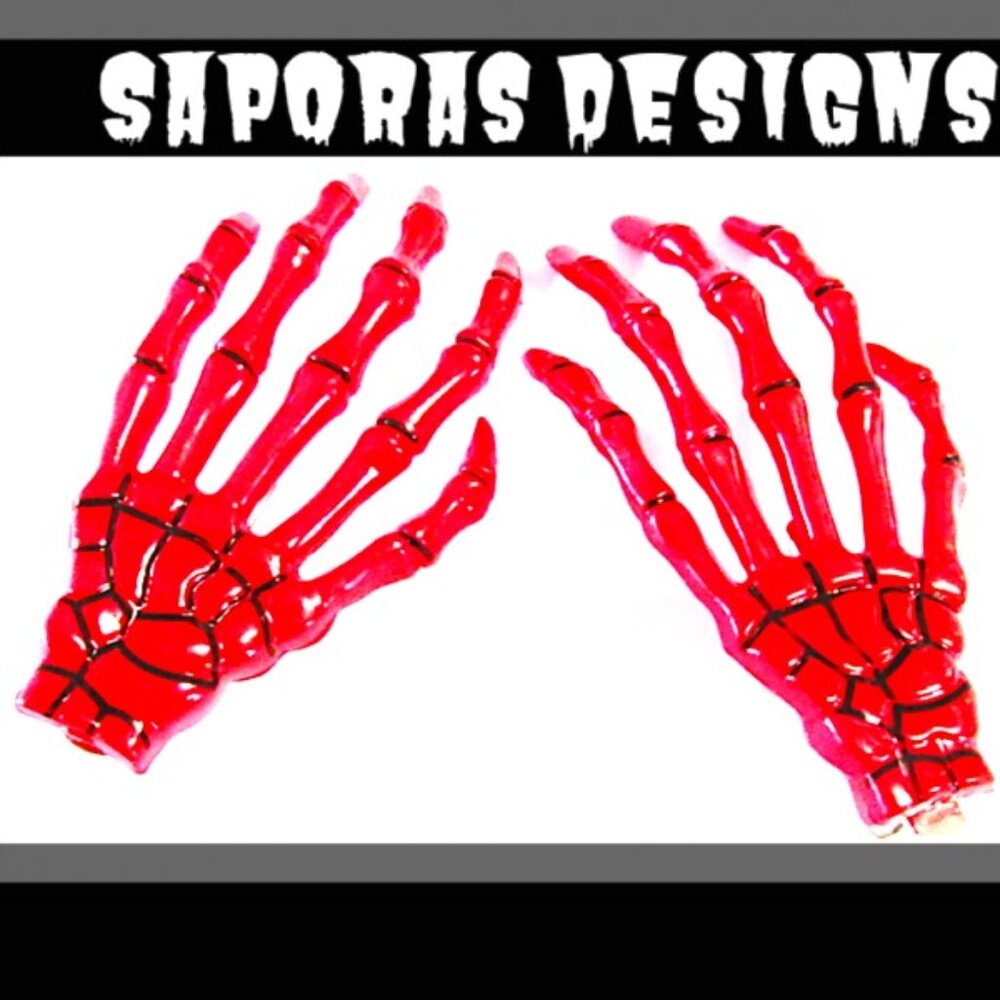 Red & Black Skeleton Hands Hair Bows For Halloween Costume Biker Gothic Punk